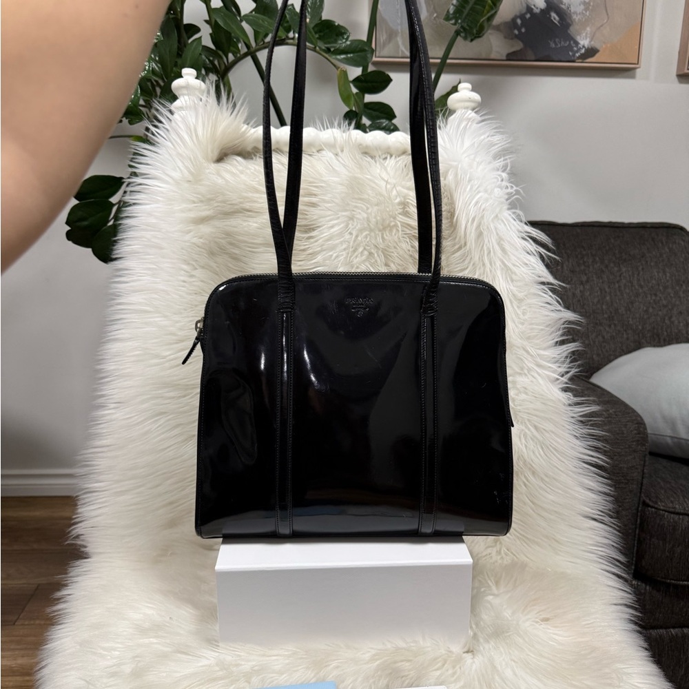 Authentic Prada Black Patent Leather Shoulder Tote
